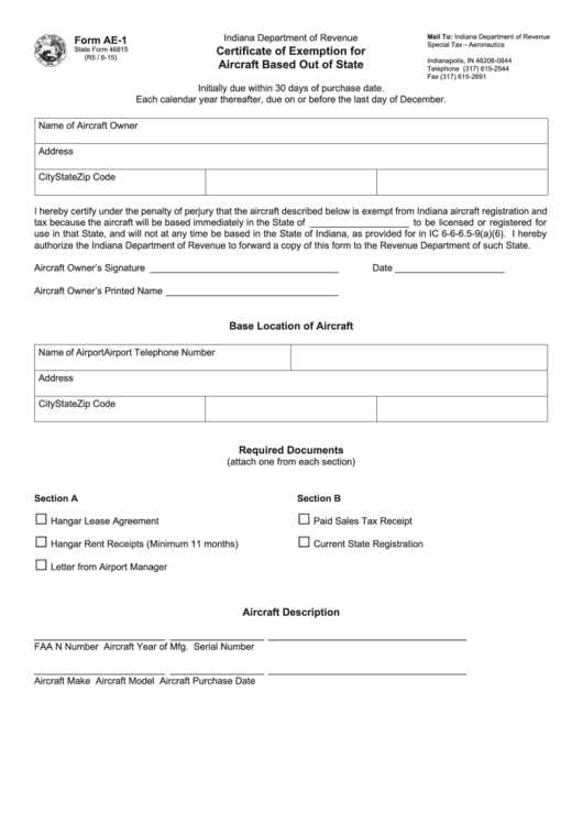 Fillable Form Ae-1 - Certificate Of Exemption For Aircraft Based Out Of State Printable pdf