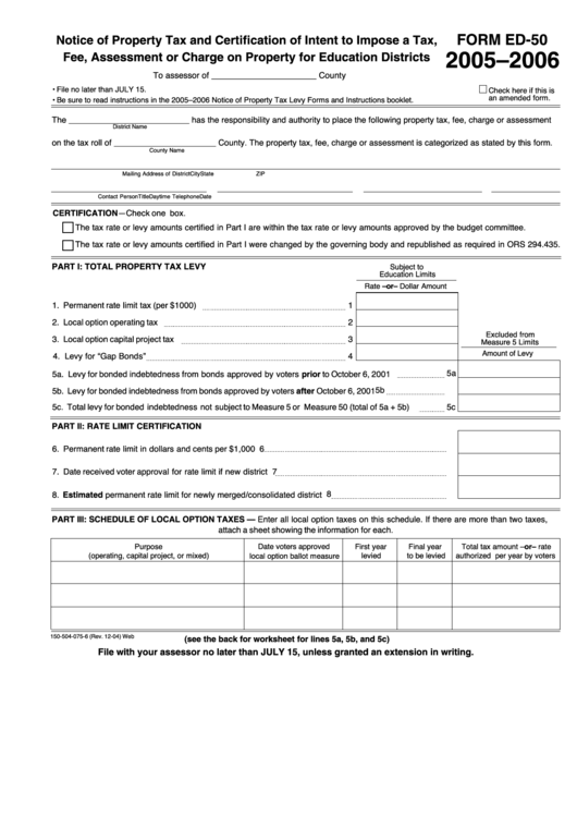 Fillable Form Ed-50 - Notice Of Property Tax And Certification Of Intent To Impose A Tax, Fee, Assessment Or Charge On Property For Education Districts - 2005-2006 Printable pdf