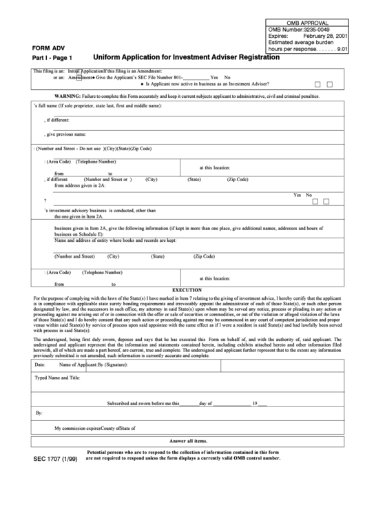 Form Adv - Uniform Application For Investment Adviser Registration Printable pdf