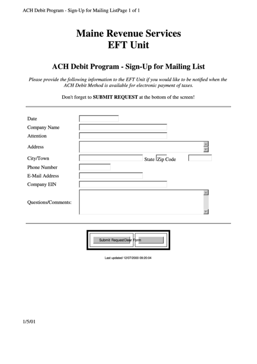 Ach Debit Program - Sign-Up For Mailing List - Maine Revenue Services Printable pdf