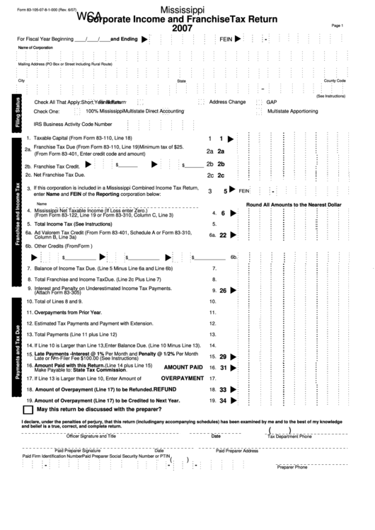 Form 83-105-07-8-1-000 - Corporate Income And Franchise Tax Return - 2007 Printable pdf