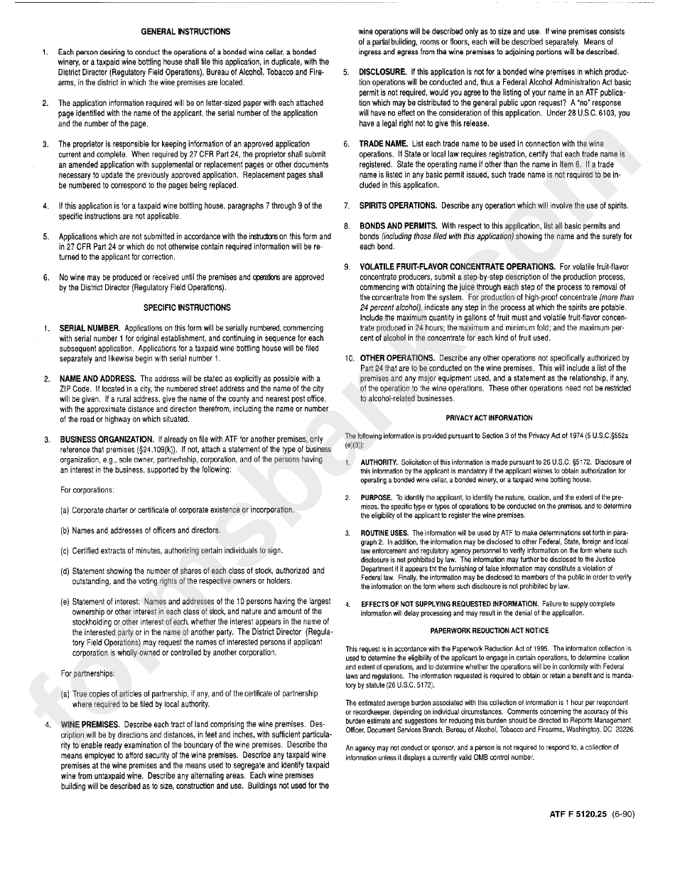 Form Atf F 5120.25 - General Instructions - Department Of The Treasury