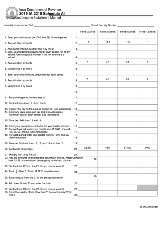 Form Ia 2210 - Schedule Ai - Annualized Income Installment Method - 2015 Printable pdf