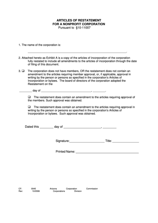 Form Cf: 0045 - Articles Of Restatement For A Nonprofit Corporation Printable pdf