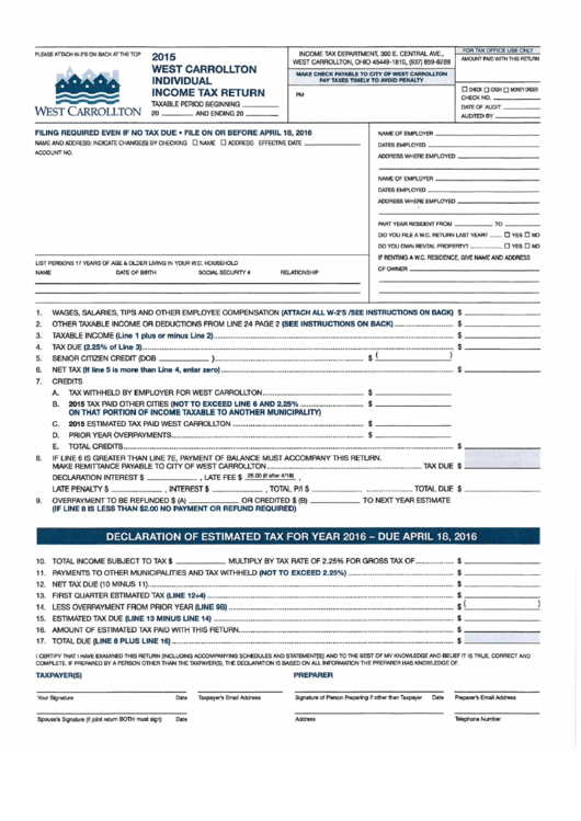 West Carrollton Individual Income Tax Return - 2015 Printable pdf