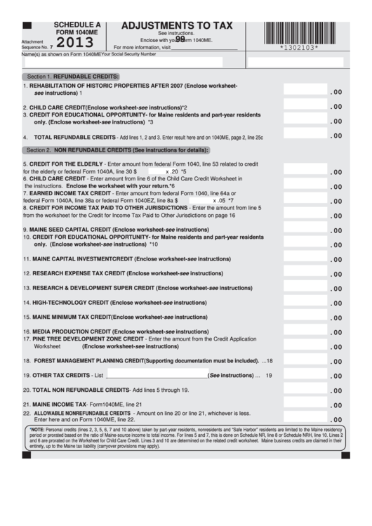 Schedule A Form 1040me - Adjustments To Tax - 2013. Worksheet For Credit For Income Tax Paid To Other Jurisdiction Printable pdf