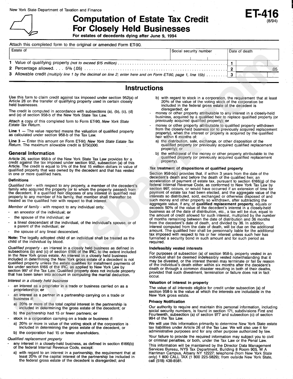 Form Et-416 - Computation Of Estate Tax Credit For Closely Held Businesses - 1994