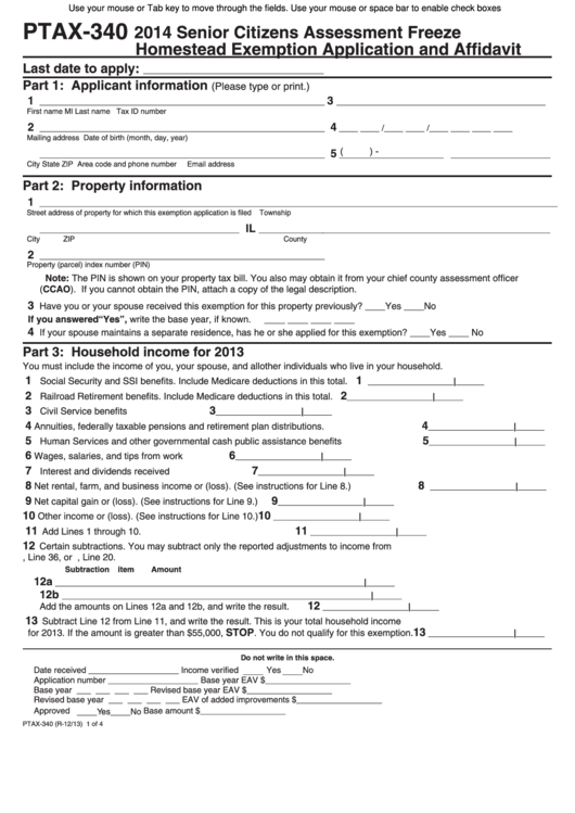 Form Ptax-340 - Senior Citizens Assessment Freeze Homestead Exemption Application And Affidavit - 2014