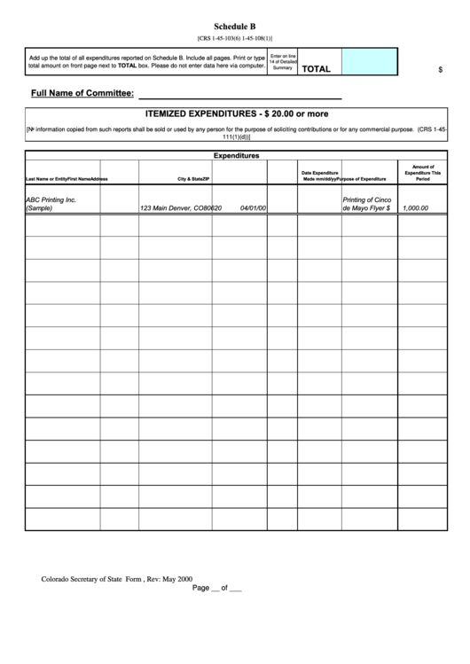 Schedule B - Colorado Secretary Of State Printable Pdf Download