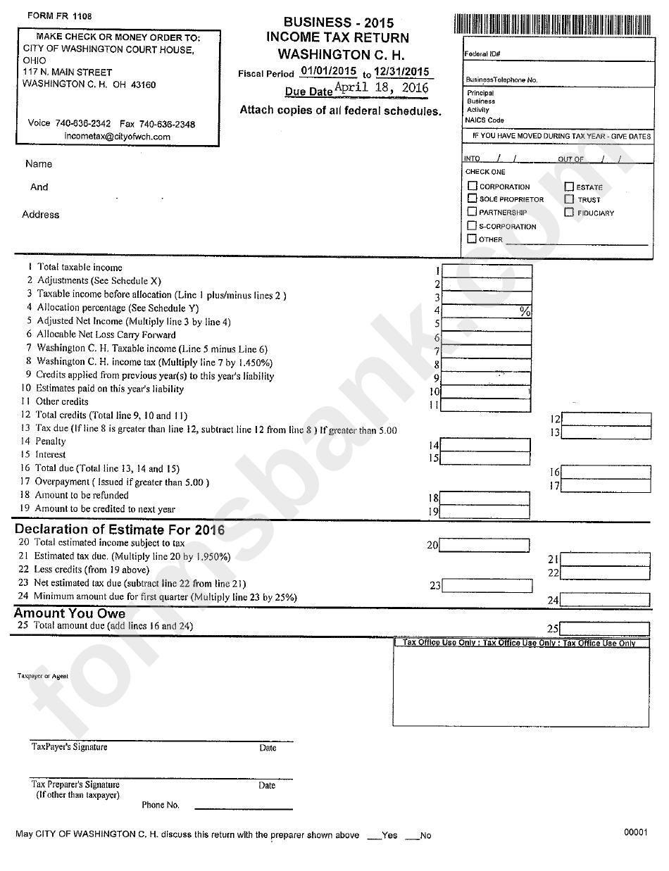 Form Fr 1108 - Business Income Tax Return - 2015