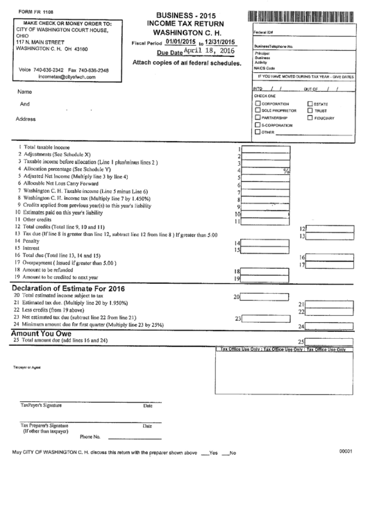 Form Fr 1108 - Business Income Tax Return - 2015 Printable pdf