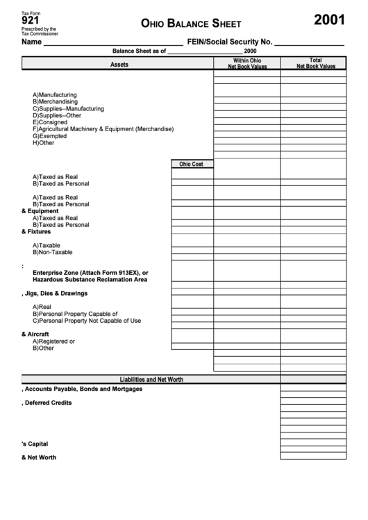 Tax Form 921 - Ohio Balance Sheet - 2001 Printable pdf