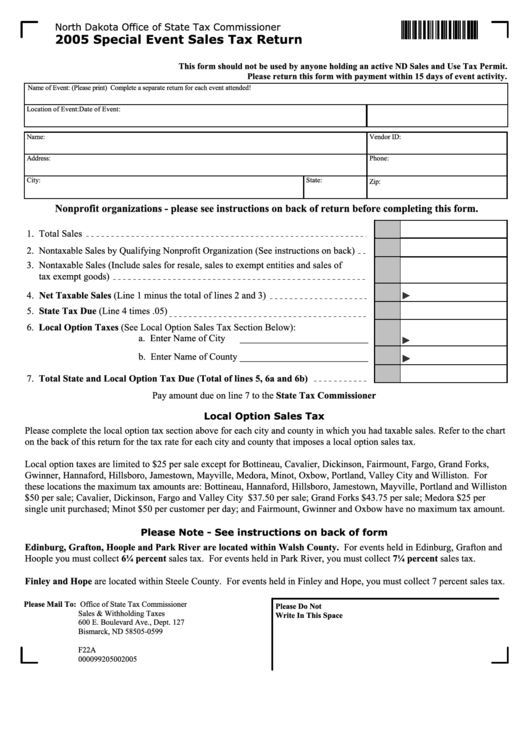 Fillable Form 21994 - Special Event Sales Tax Return North Dakota Office Of State Tax Commissioner - 2005 Printable pdf