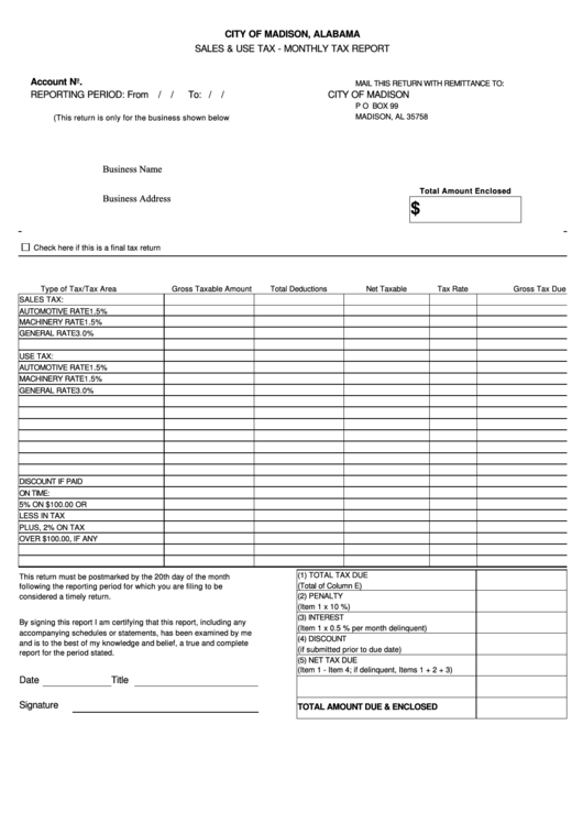 Monthly Tax Report - Sales & Use Tax - City Of Madison, Alabama Printable pdf