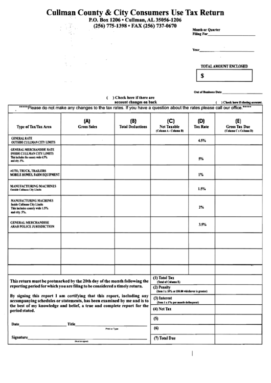 Cullman County And City Consumers Use Tax Return Printable pdf