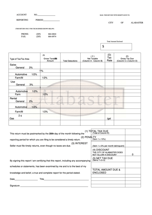 Fillable Sales Tax/use Tax Form - City Of Alabaster Printable pdf