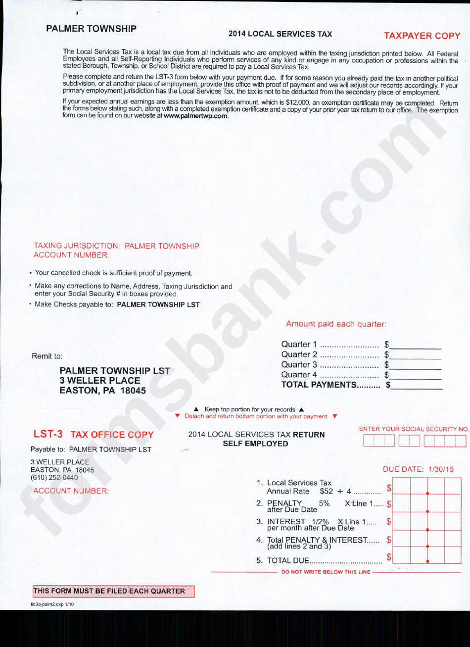 Form Lst-3 - Local Services Tax Return Self Employed - Palmer Township Lst - 2014