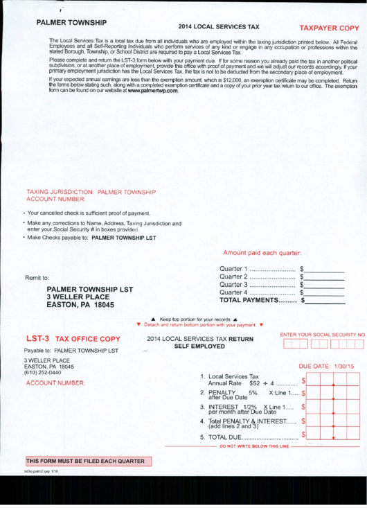 Form Lst-3 - Local Services Tax Return Self Employed - Palmer Township Lst - 2014 Printable pdf