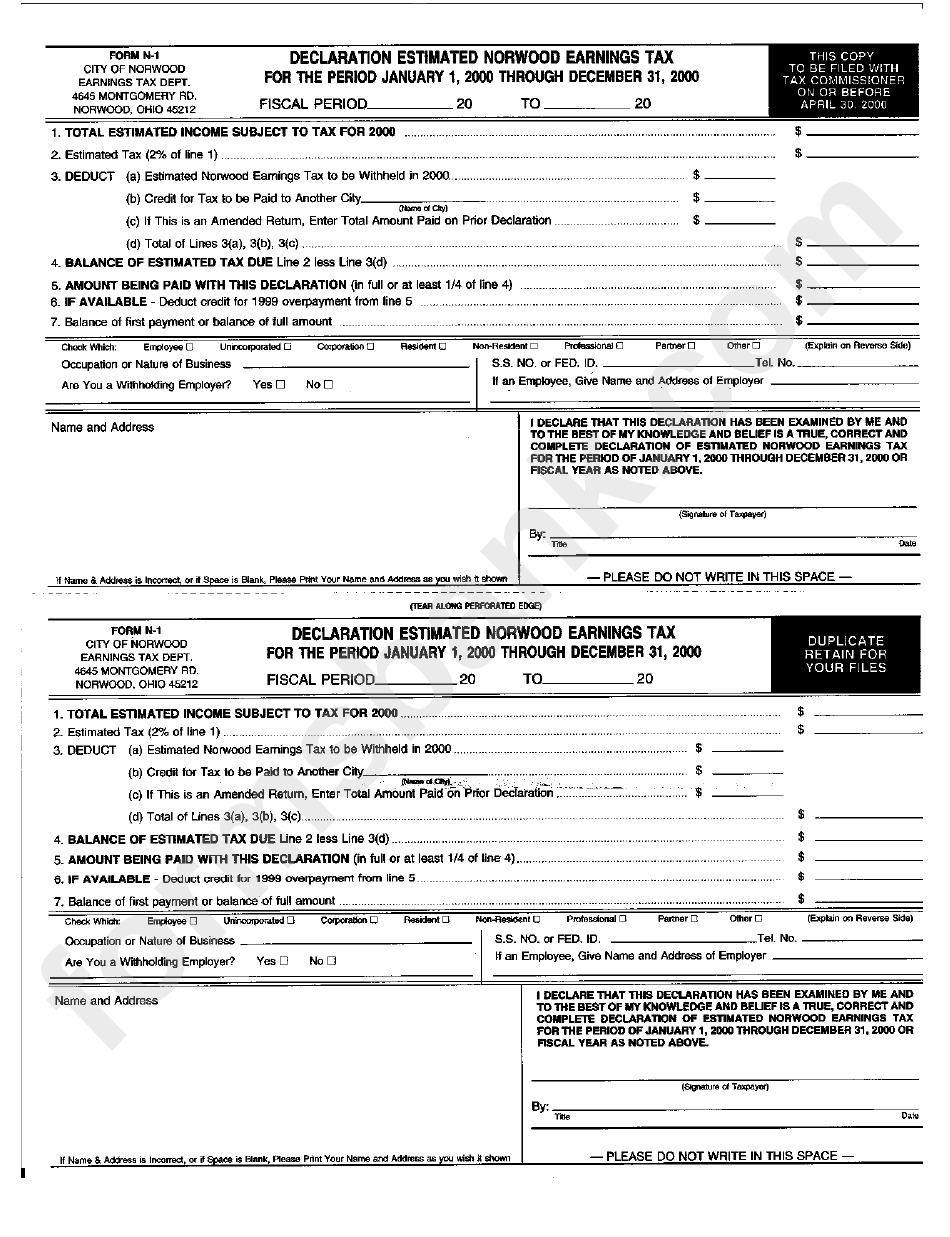 Form N-1 - Declaration Estimated Norwood Earning Tax - 2000