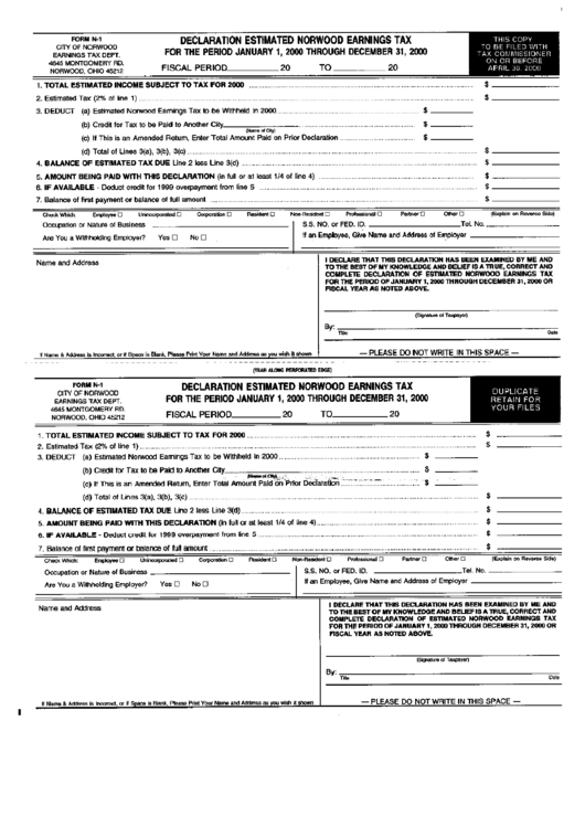 Form N-1 - Declaration Estimated Norwood Earning Tax - 2000 Printable pdf