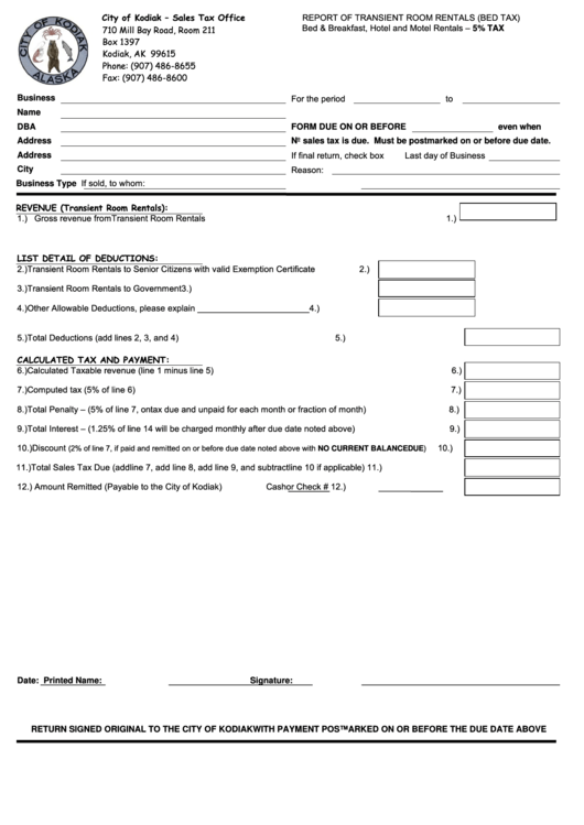 Fillable Report Of Transient Room Rentals (Bed Tax) - City Of Kodiak Printable pdf