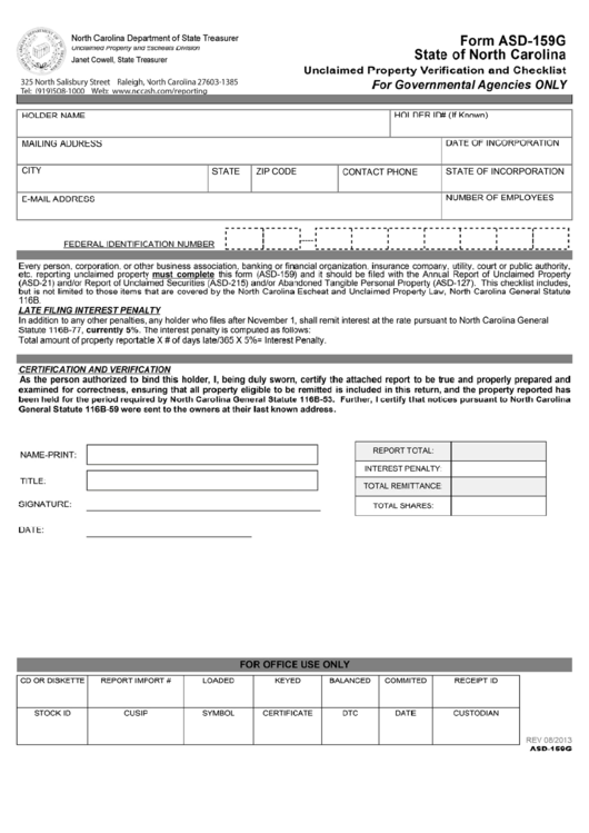 Form Asd-159g - Unclaimed Property Verification And Checklist - State Of Nirth California Printable pdf