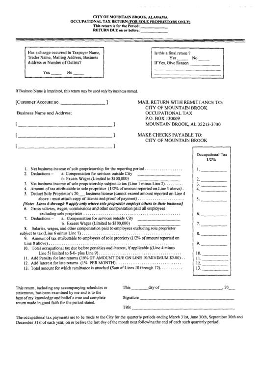 Occupational Tax Return ( For Sole Proprietors Only ) - City Of Mountain Brook,alabama Printable pdf