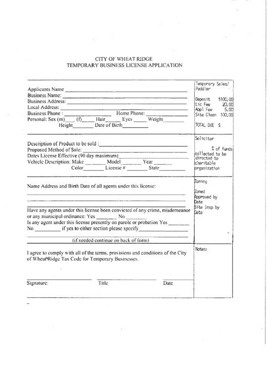 Temporary Business License Application - City Of Wheat Ride Printable pdf