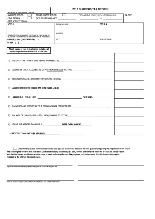 Form Br - Business Tax Return - 2012 Printable pdf