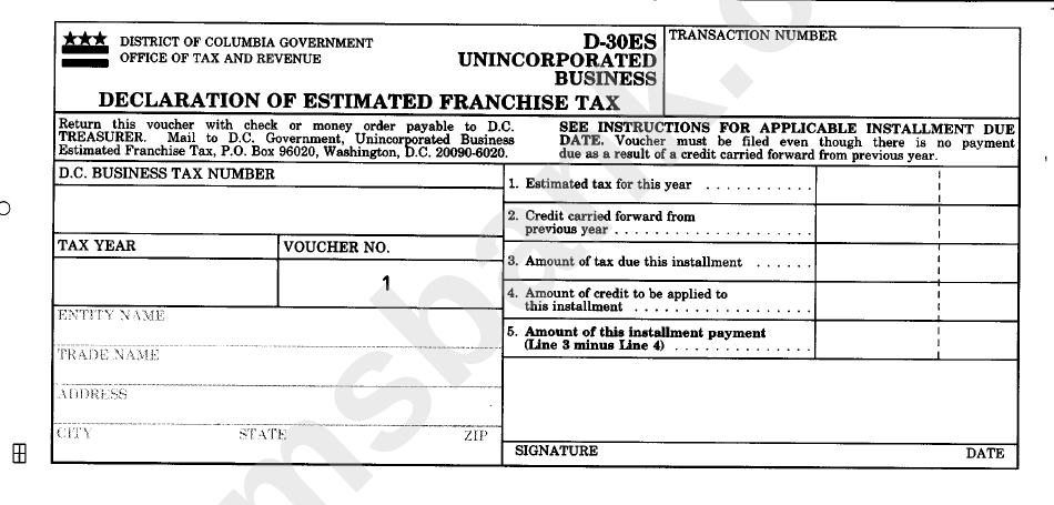 Form D-30es - Unincorporated Business - Declaration Of Estimated Franchise Tax - 1998