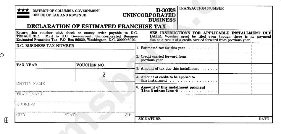 Form D-30es - Unincorporated Business - Declaration Of Estimated Franchise Tax - 1998