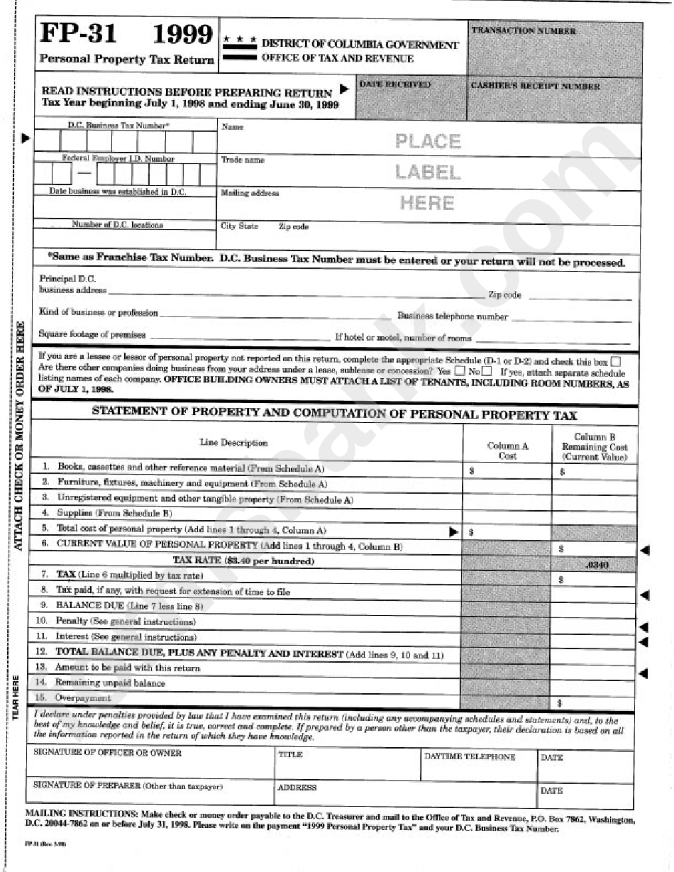 Form Fp-31 - Personal Property Tax Return - 1999