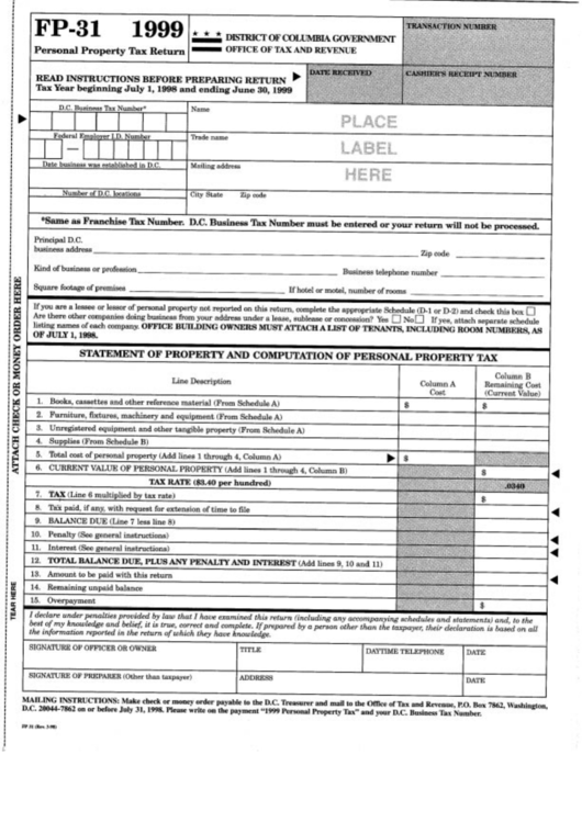 Fillable Form Fp-31 - Personal Property Tax Return - 1999 Printable pdf