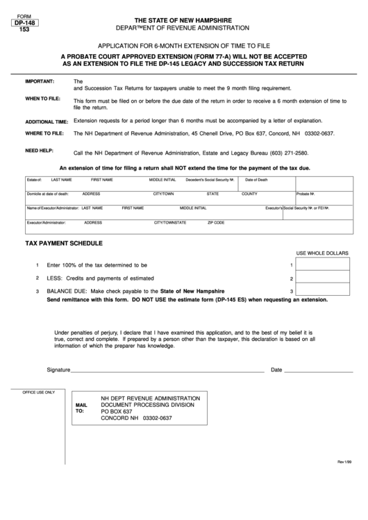 Form Dp-148 - Application For 6-Month Extension Of Time To File - 1999 Printable pdf