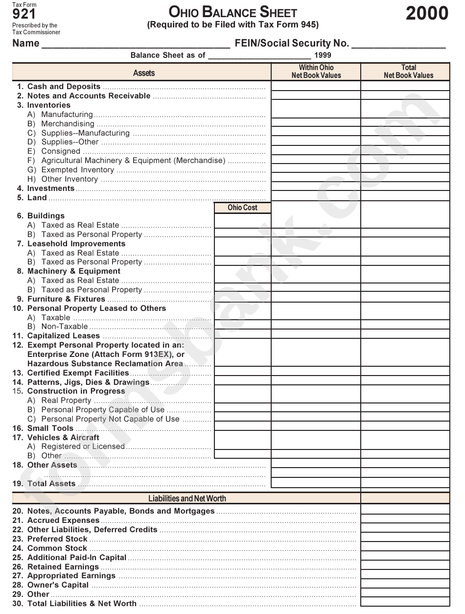 Tax Form 921 - Ohio Balance Sheet - 2000
