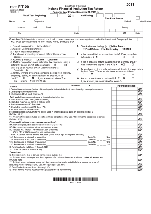 Form Fit-20 - Indiana Financial Institution Tax Return - 2011 Printable pdf