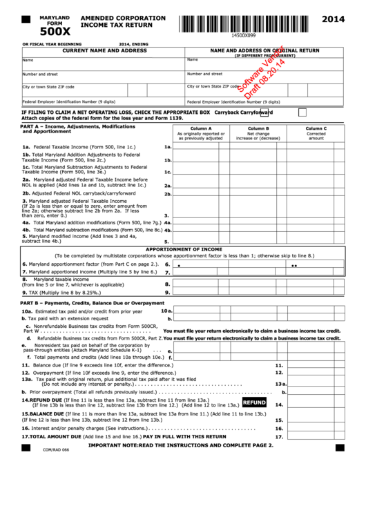 Maryland Form 500x (Draft) - Amended Corporation Income Tax Return - 2014 Printable pdf