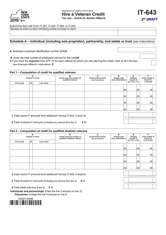 Form It-643 Draft - Hire A Veteran Credit - New York Department Of Taxation And Finance - 2015 Printable pdf