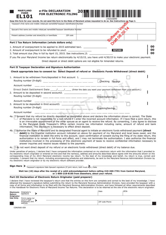 Maryland Form El101 Draft - E-File Declaration For Electronic Filing - 2014 Printable pdf