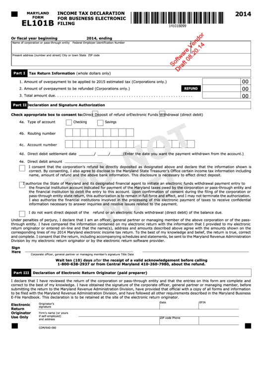 Maryland Form El101b Draft - Income Tax Declaration For Business Electronic Filing With Instructions - 2014 Printable pdf