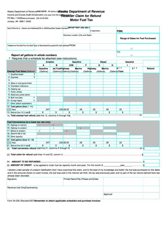 Fillable Form 04-535 - Reseller Claim For Refund Motor Fuel Tax - Alaska Department Of Revenue Printable pdf