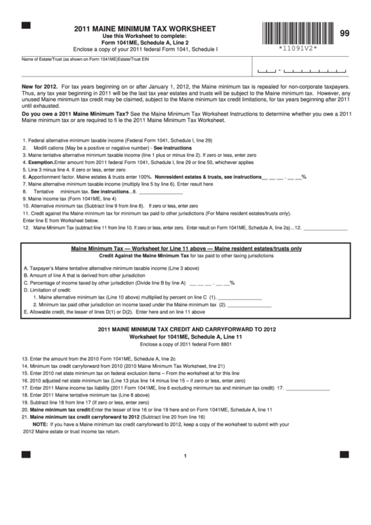 Maine Minimum Tax Worksheet - 2011 Printable pdf