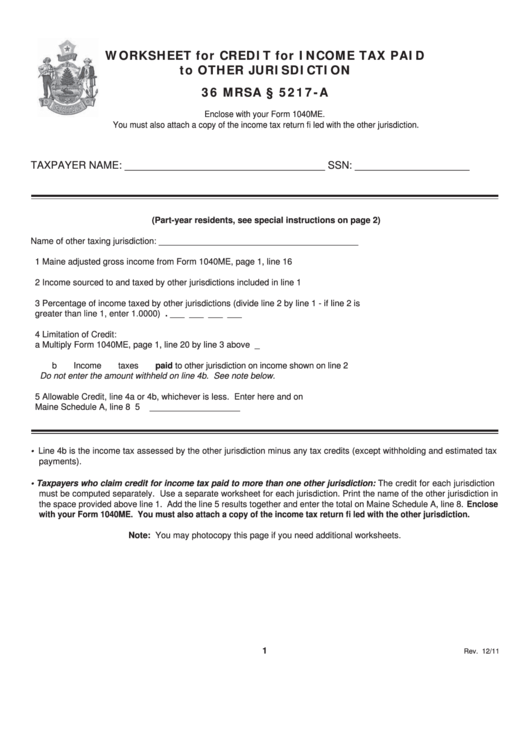 Worksheet For Credit For Income Tax Paid To Other Jurisdiction - 2011 Printable pdf