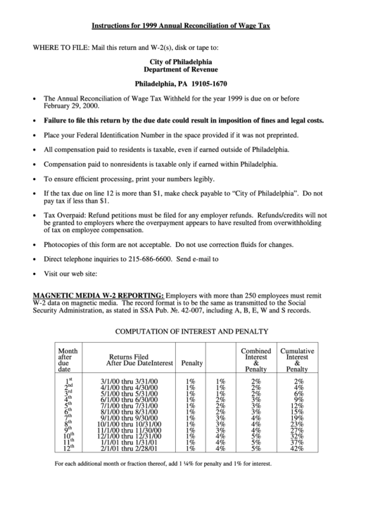 Instructions For Annual Reconciliation Of Wage Tax - City Of Philadelphia - 1999 Printable pdf