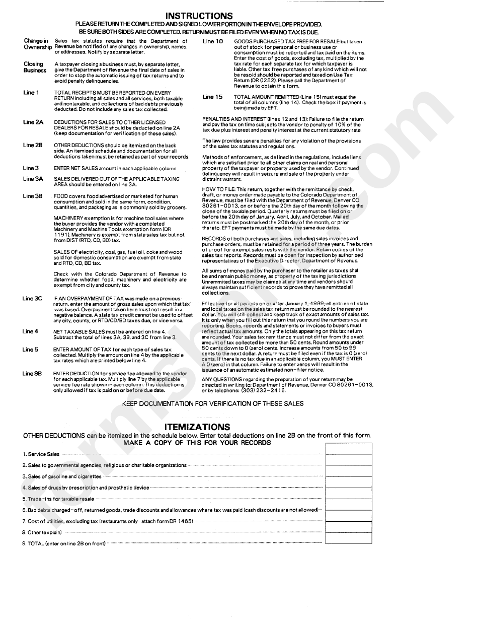 Instructions For Sales Tax Statues - Colorado Department Of Revenue