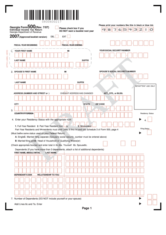 Form 500 Draft Individual Tax Return printable pdf