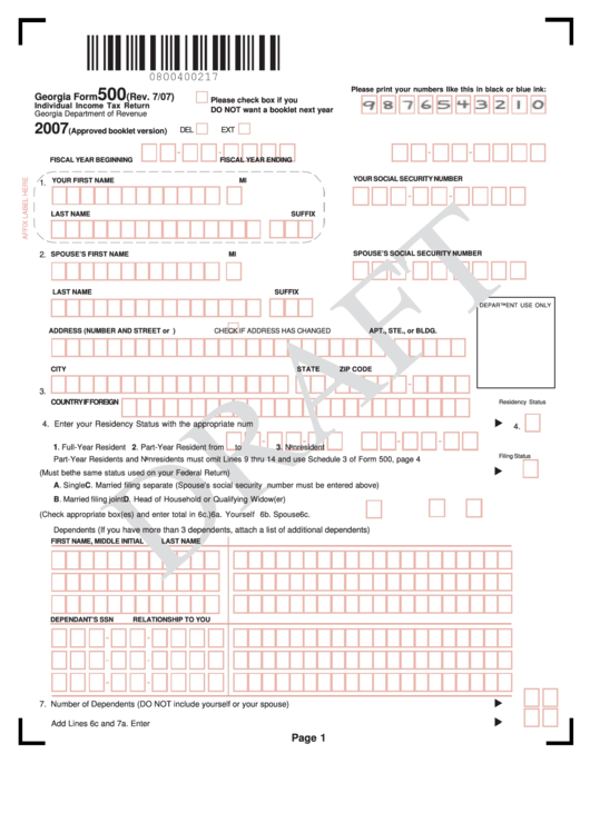 Georgia Form 500 Draft Individual Income Tax Return Printable Pdf Download