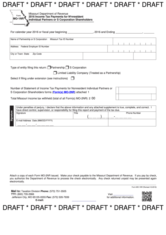 Form Mo-1nr (Draft) - Income Tax Payments For Nonresident Individual Partners Or S Corporation Shareholders - 2016 Printable pdf