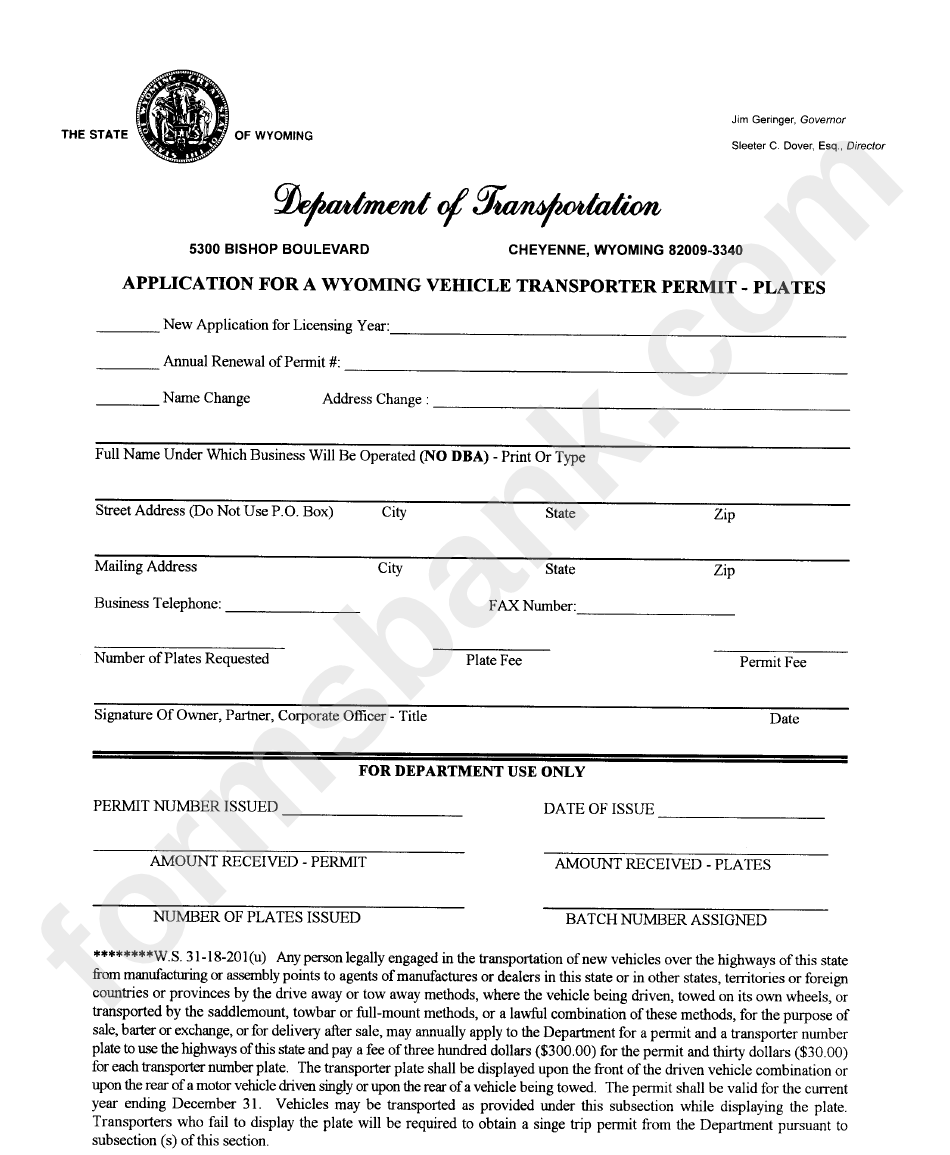 Application For A Wyoming Vehicle Transporter Permit - Plates