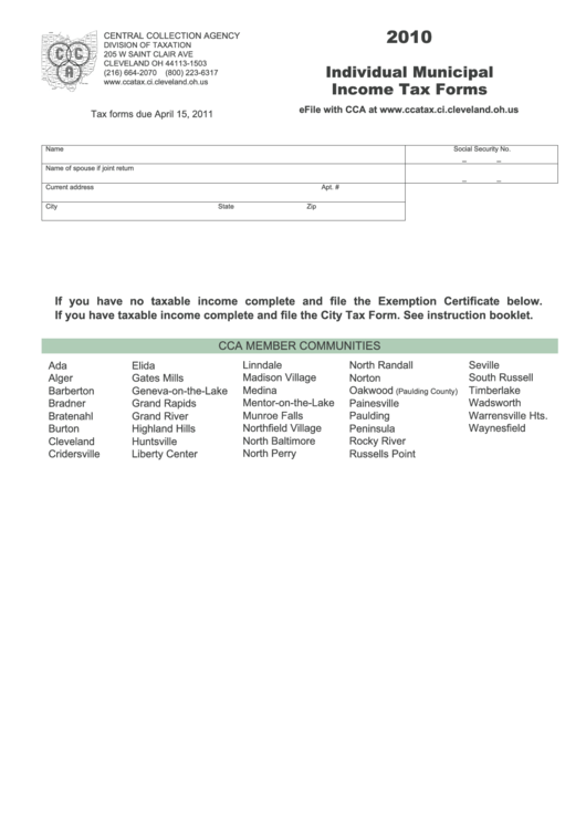 Income Municipal Income Tax Forms - Cleveland Division Of Taxation - 2010 Printable pdf